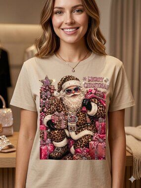 Merry Christmas Cheetah Santa Tee w/Crystals Christmas Top S,M,L, XL